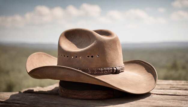 Photo chapeau de cow-boy sur une table en bois à la campagne focus sélectif