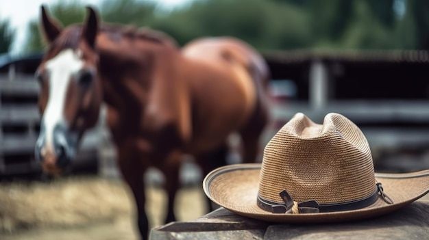 Un chapeau de cowboy et un cheval en arrière-plan