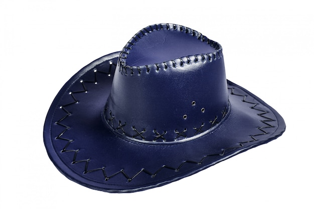 Chapeau de cowboy en cuir bleu isolé sur fond blanc