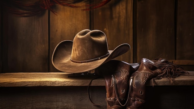 Chapeau de cowboy sur une étagère en bois avec un chapeau de cowboy dessus