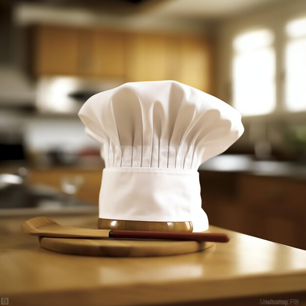 Photo chapeau de cuisinier blanc dans la table de la cuisine et espace de copie pour votre décoration photographie publicitaire