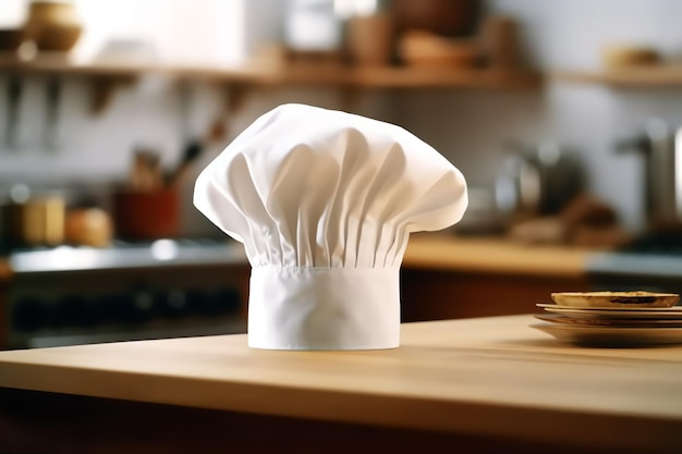 Chapeau de cuisinier blanc dans la table de la cuisine et espace de copie pour votre décoration Photographie publicitaire