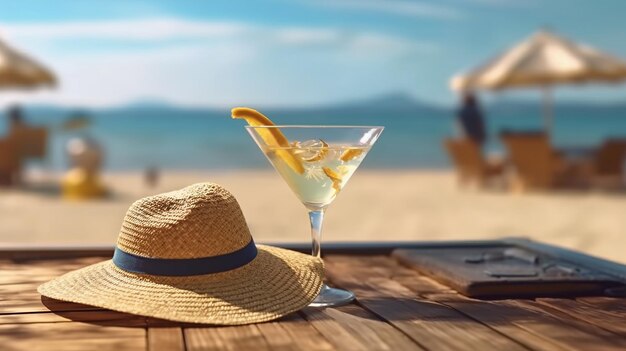 _Chapeau_de_paille_avec_un_cocktail_exotique_et_des_lunettes_de_soleil IA générative