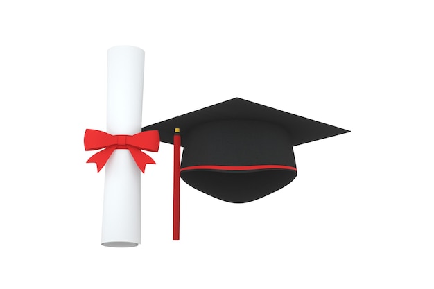 Photo chapeau de diplômé avec diplôme de côté sur fond blanc rendu 3d dessin numérique par ordinateur