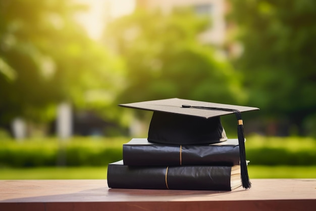 Photo chapeau de diplôme et diplômes sur table en bois en plein air