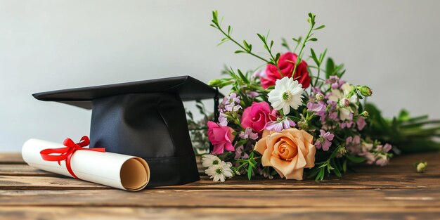 Photo chapeau de diplôme avec papier de diplôme et bouquet de fleurs sur table en bois concept de diplôme contre