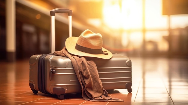 Un chapeau élégant et une valise vintage élégamment placés sur un sol carrelé laissant entendre un voyage imminent du voyageur