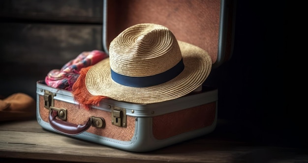 Un chapeau est dans une valise avec une écharpe rouge.