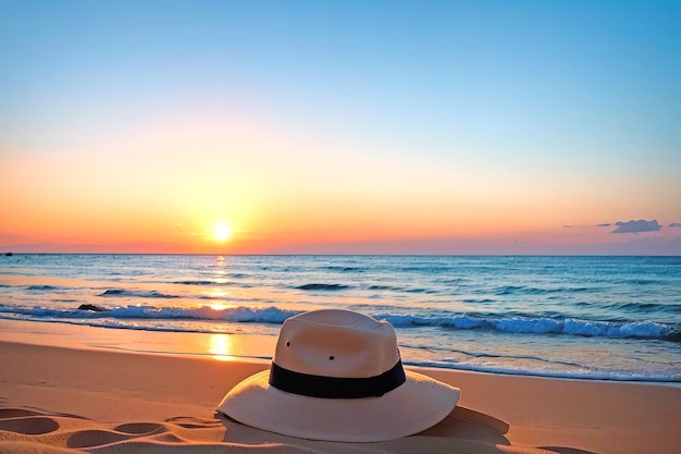 Un chapeau d'été se pose sur la plage au coucher du soleil