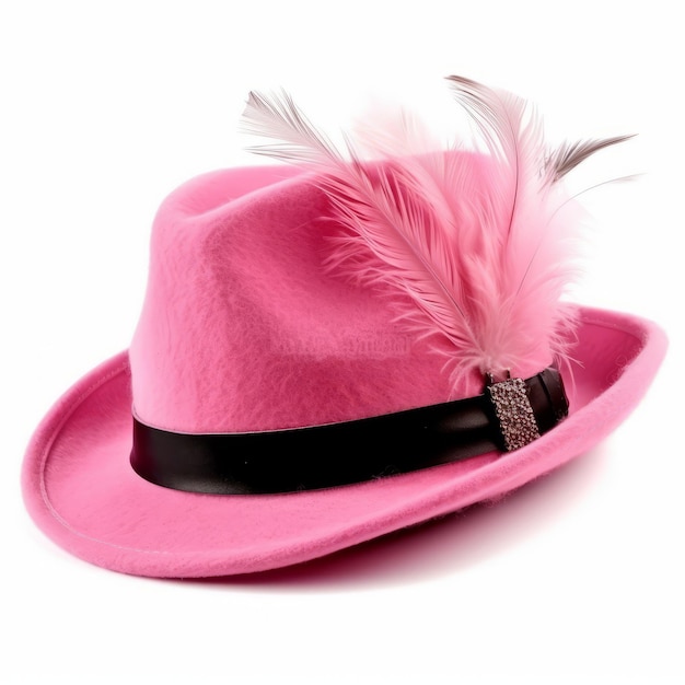 Chapeau fedora rose avec ruban noir en fourrure isolé sur fond blanc
