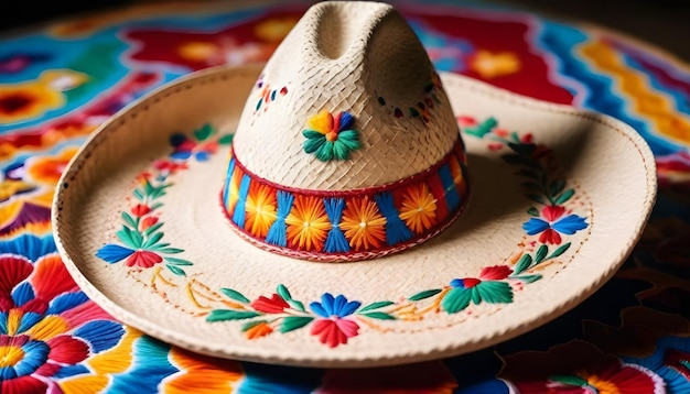 Photo un chapeau avec une fleur dessus est assis sur une nappe colorée