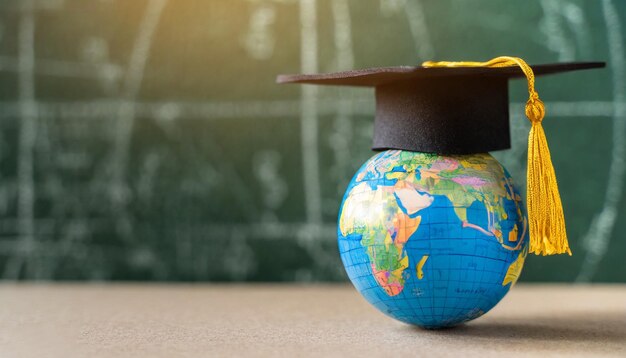 Le chapeau et le globe de la remise des diplômes de la sagesse mondiale symbolisent les études et l'éducation commerciales mondiales à l'étranger