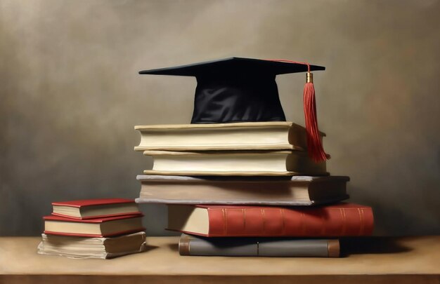 le chapeau de graduation contre la pile de livres