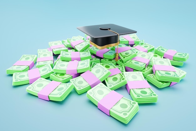 Chapeau de graduation sur fond de chute de dollars Le concept du coût de l'éducation le prix des frais de scolarité prêt universitaire Illustration 3D Rendu 3D Style de magazine de design moderne