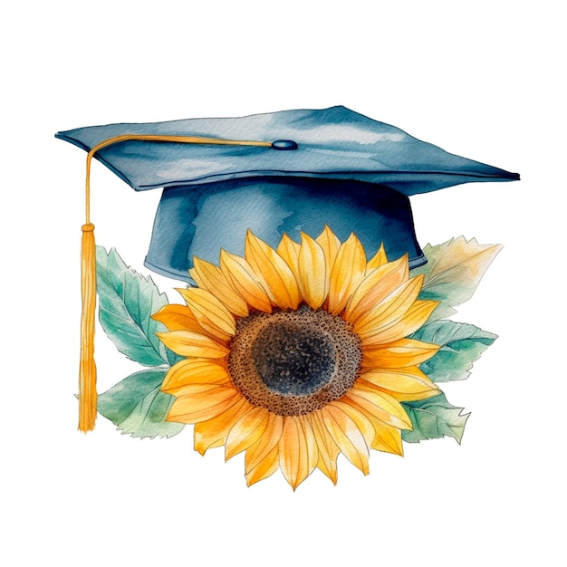 Chapeau de graduation avec illustration générative AI aquarelle tournesol Graduation de classe isolée