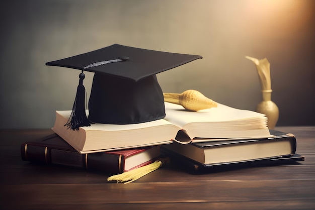 Chapeau de graduation avec des livres sur la table IA générée