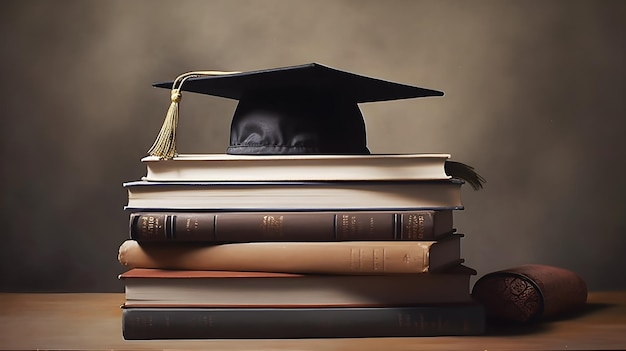 chapeau de graduation sur la pile de livres sur une table en bois