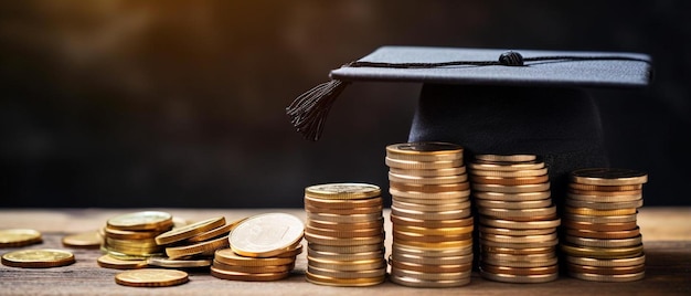 un chapeau de graduation avec un tassel en or et une pile de pièces avec un drapeau sur le dessus