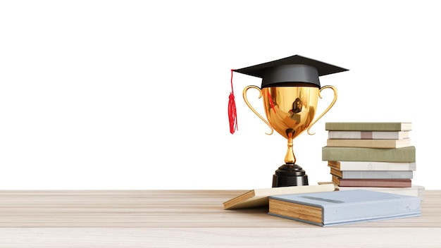 Chapeau de graduation avec trophée d'or sur table en bois. Rendu 3D