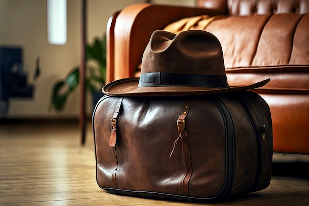 Chapeau sur une grande valise de voyage confortable en cuir dans la chambre