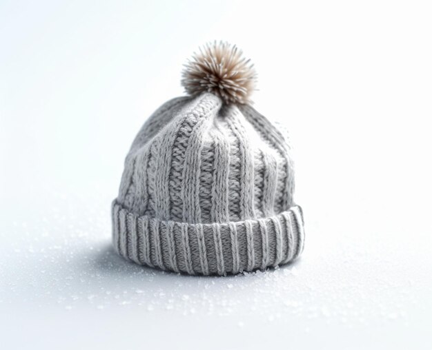 Photo un chapeau gris avec un pom-pom sur un fond de neige