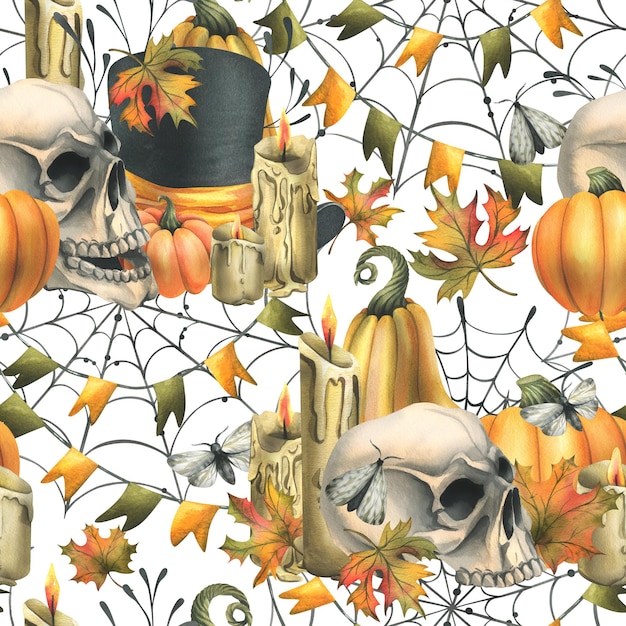 Chapeau haut de forme noir de crâne humain avec des bougies de toiles d'araignées de citrouilles orange et des feuilles d'érable d'automne Illustration aquarelle dessinée à la main pour Halloween Modèle sans couture sur fond blanc