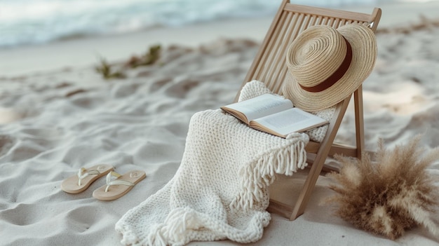 Chapeau jaune sur une chaise longue sur une plage tropicale