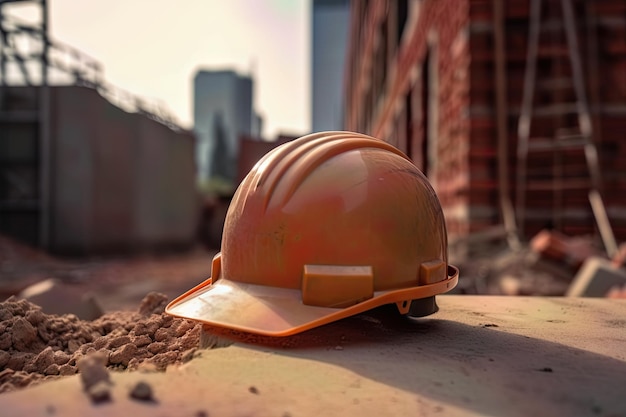 Un chapeau jaune dur de construction placé sur une pile de mur de briques