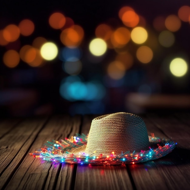 Un chapeau avec des lumières colorées est posé sur une table en bois