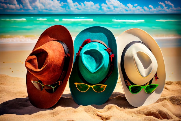 Un chapeau à lunettes se trouve sur le sable lisse de la plage, fond de la mer des caraïbes