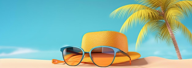 chapeau et lunettes de soleil assis sur le sable à côté des palmiers