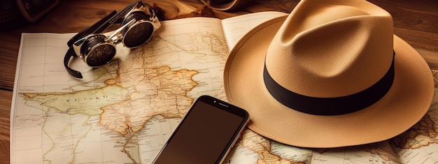 Un chapeau, des lunettes de soleil, une carte et un téléphone portable sur une vieille carte.