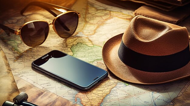 Un chapeau, des lunettes de soleil, une carte et un téléphone portable sur une vieille carte.