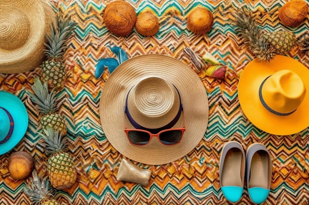 Un chapeau, des lunettes de soleil et un chapeau sont disposés sur un tapis coloré.