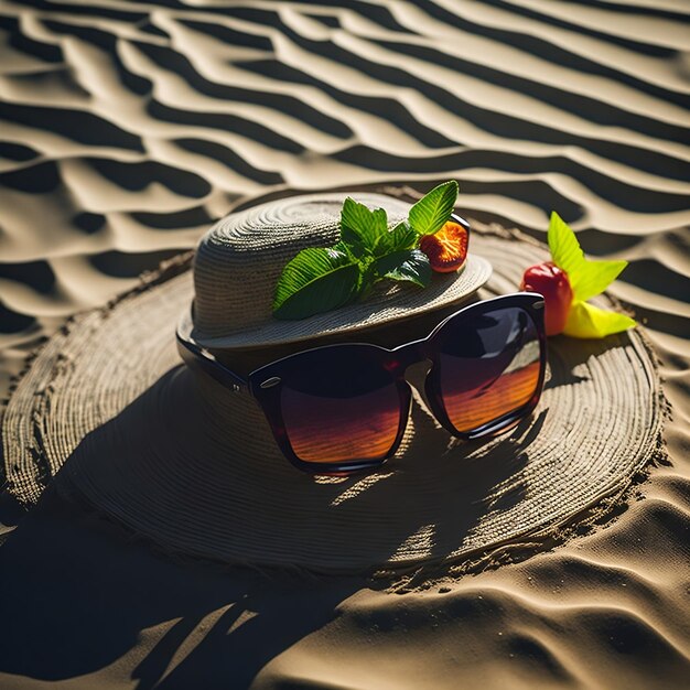 Un chapeau et des lunettes de soleil sur une dune de sable avec une fleur et des feuilles.