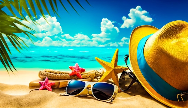 Chapeau lunettes de soleil et étoile de mer sur la plage avec l'océan en arrière-plan Generative AI