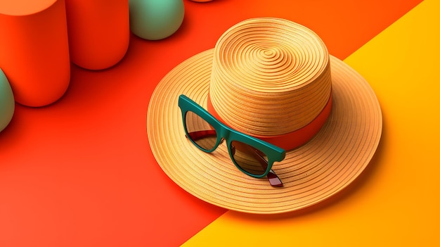 Un chapeau et des lunettes de soleil sur un fond orange vif