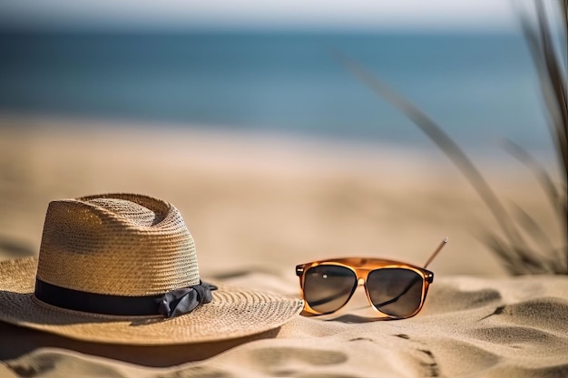 Un chapeau et des lunettes de soleil sur une plage