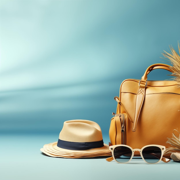 chapeau et lunettes de soleil et sac sur fond bleu doux dans le design de voyage
