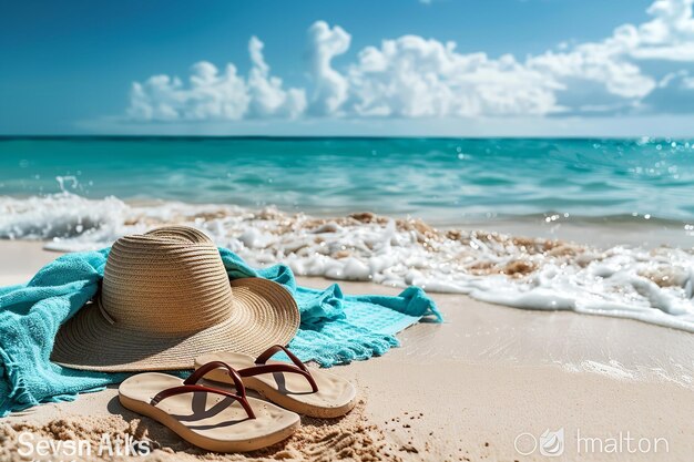 Photo un chapeau et des lunettes de soleil sont sur la plage dans le sable