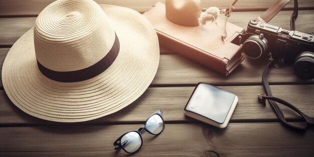 Un chapeau et des lunettes sont sur une table à côté d'un livre et d'un livre.