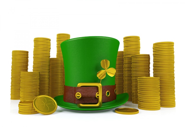 Chapeau de lutin du jour de la Saint Patrick avec des piles de pièces d&#39;or, rendu 3D