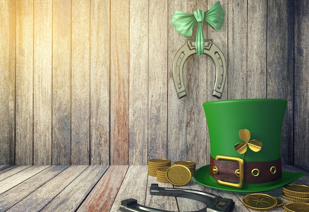 Chapeau de lutin de la Saint-Patrick avec des pièces d'or et des fers à cheval sur fond en bois avec espace de copie, rendu 3D