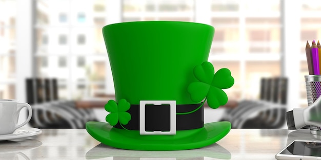 Chapeau de lutin St Patricks Day avec trèfle à quatre feuilles sur fond flou de bureau illustration 3d