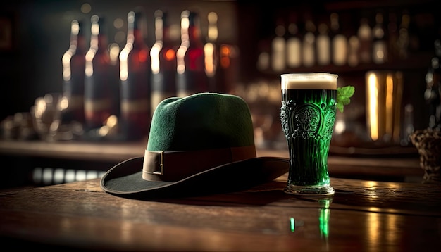 Chapeau de lutin vert avec de la bière dans un bar avec espace de copie Concept de la Saint-Patrick AI générative