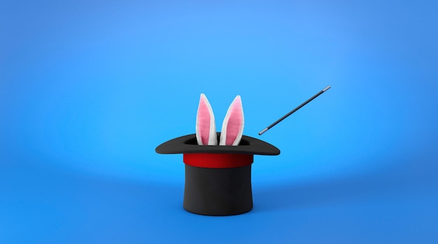 Photo chapeau de magicien des oreilles de lapin ressortent avec un chapeau haut de forme noir avec un ruban rouge et une baguette magique