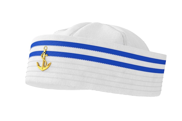 Chapeau De Marin Marin Avec Emblème D'ancre D'or Sur Fond Blanc. Rendu 3d