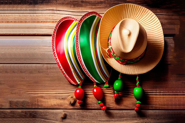 Chapeau mexicain avec calendrier cube maracas et cactus en papier sur table en bois Generative Ai