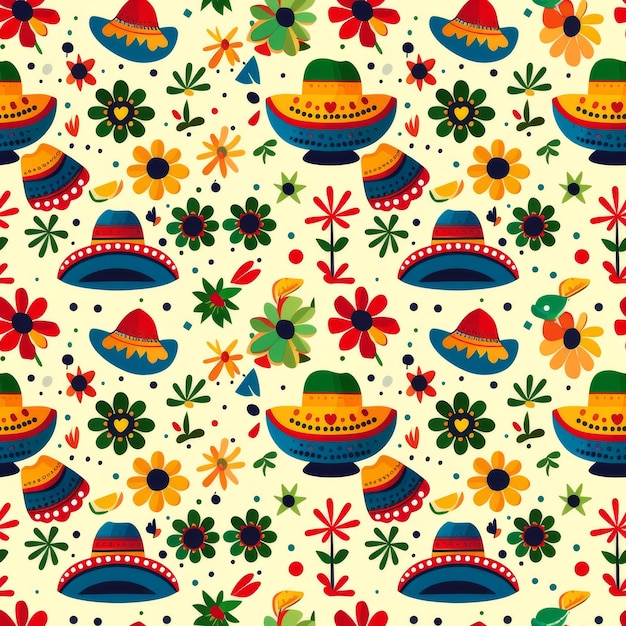 Chapeau mexicain et motif floral sur fond blanc