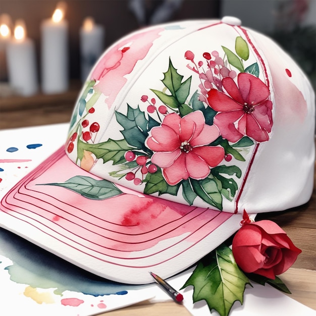 chapeau de noël casquette avec fleurs rose aquarelle cottage noyau aquarelle fond blanc foncé